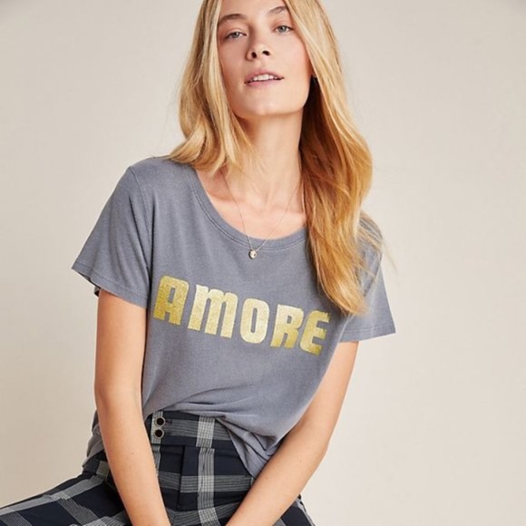 Anthropologie LETLUV Amore Gold Font Grey Tee NWT - Picture 1 of 7